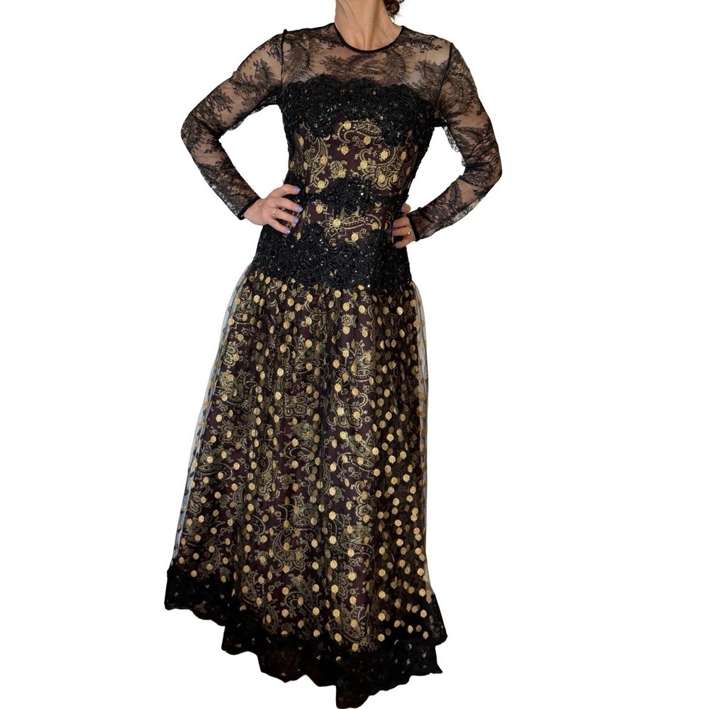 Liancarlo Vintage Black Gold Lace Tulle Embroidered Gown Formal Dress Bustier 8